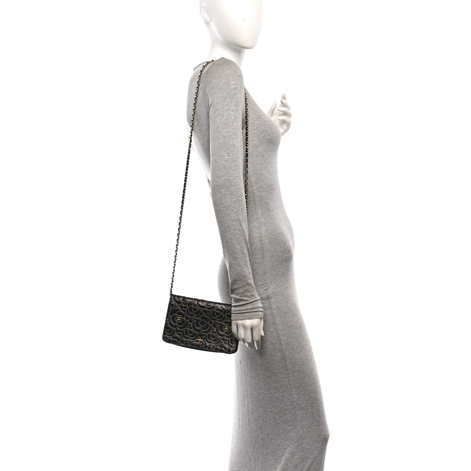 Chanel Lambskin Camellia Embossed Wallet On Chain WOC Black Gold 2 of 11