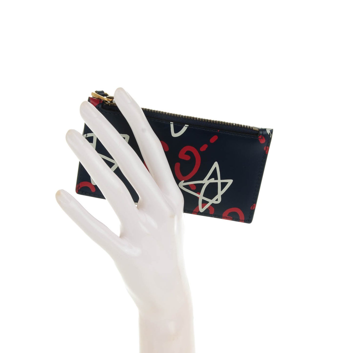 Calfskin GucciGhost Coin Case Card Holder Blue Agata Hibiscus Red