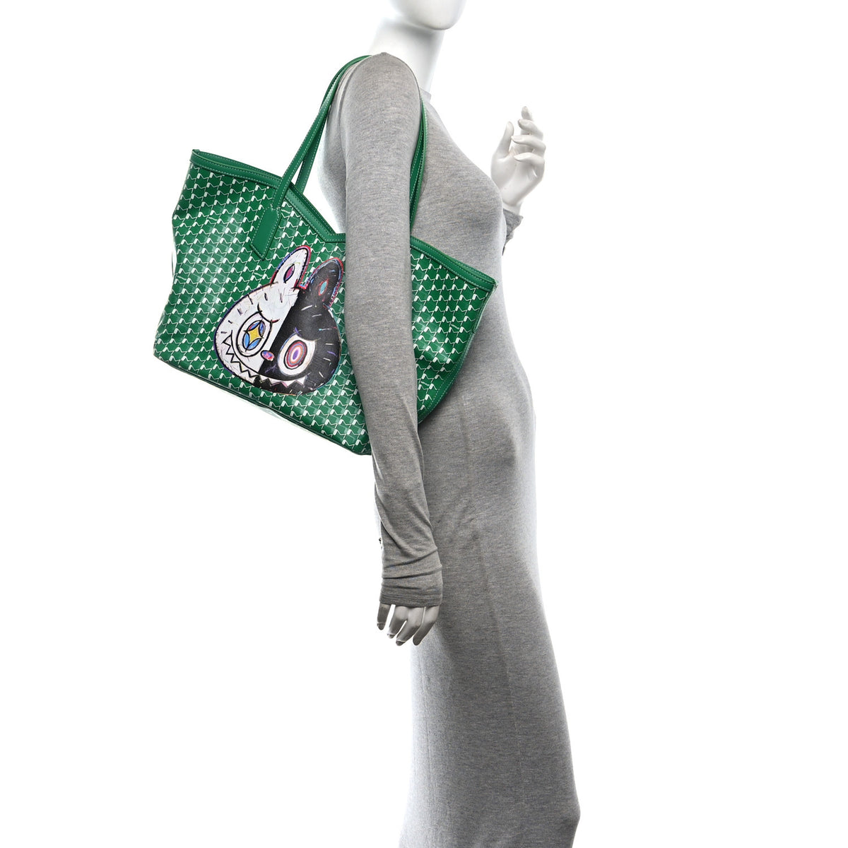X KASING LUNG Calfskin Canvas M Labubu Tote MM Green Apple