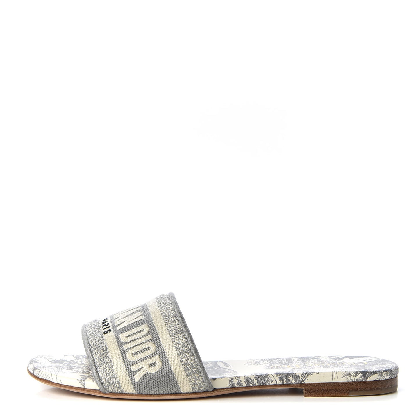 Canvas Toile de Jouy Embroidered Dway Flat Slide Sandals 36 Grey Stone