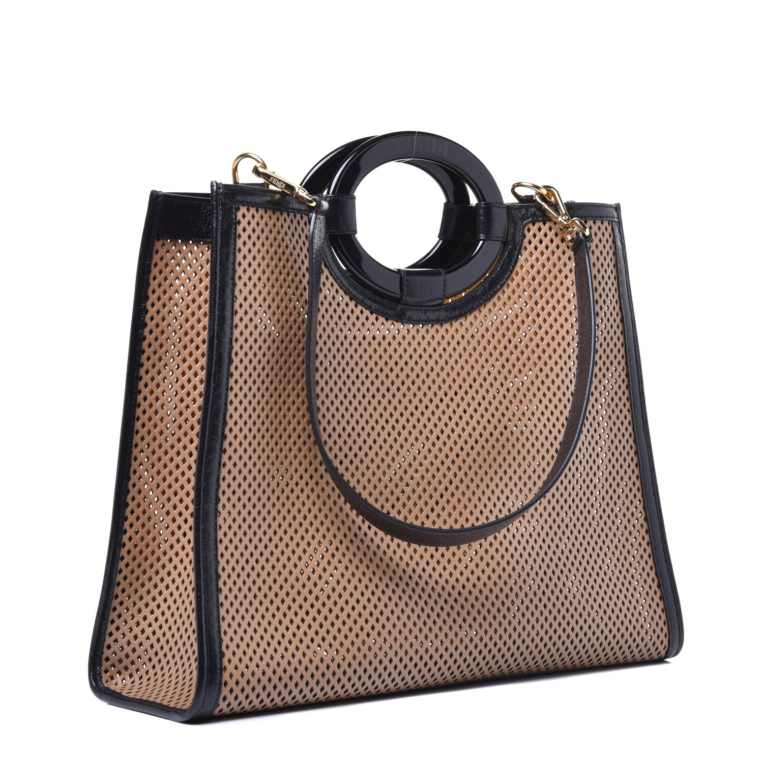 Fendi Vitello Liberty Glossy Lambskin Perforated Medium Runaway Shopper Tote Sand Mimosa Black 3 of 8