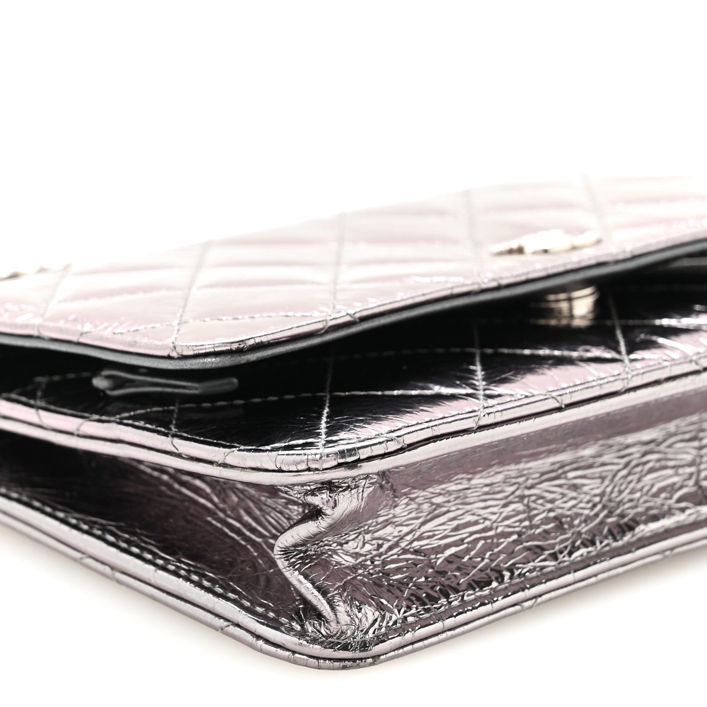 Crumpled Metallic Calfskin Quilted Ring Handle Wallet on Chain Silver