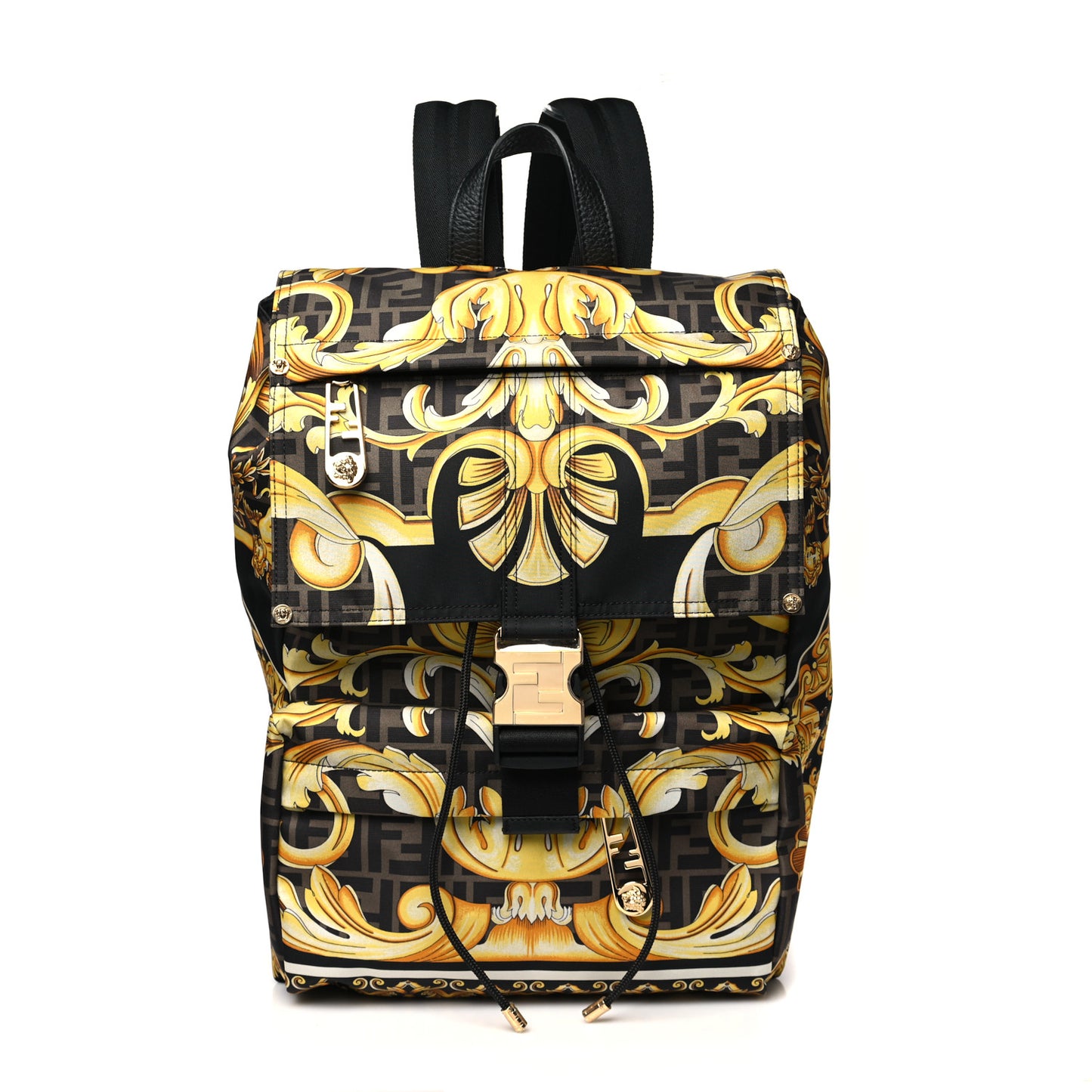 X VERSACE Silk Vitello Fendace FF Baroque Backpack Tobacco Black Gold