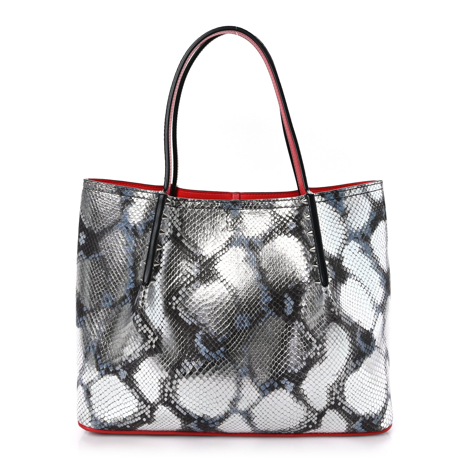 Christian Louboutin Python Embossed Calfskin Spiked Small Cabarock Shopper Tote Silver 1 of 10