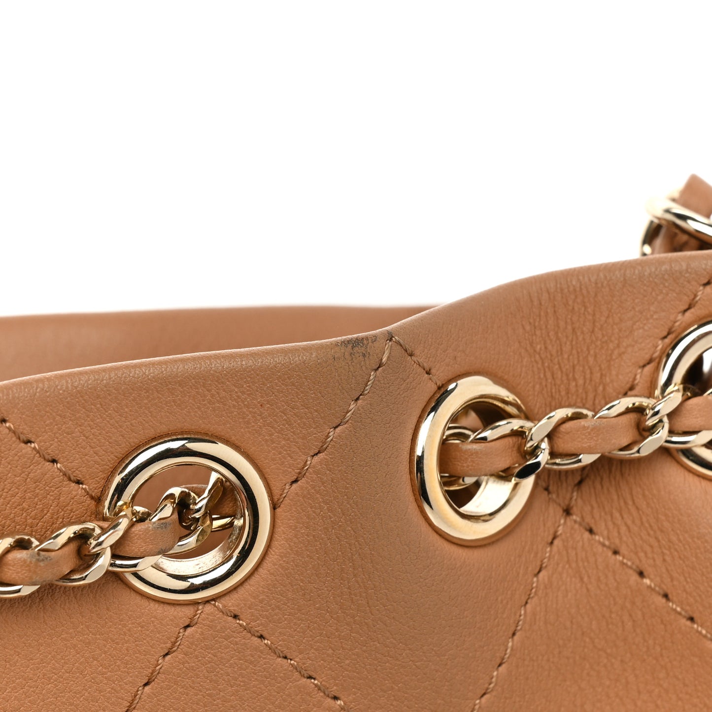 Calfskin Stitched Chain Bucket Bag Camel