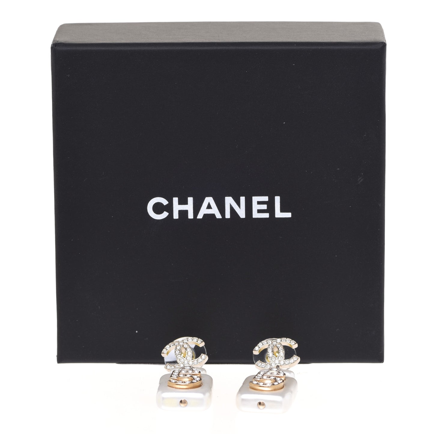 Pearl Resin Crystal CC No 5 Perfume Bottle Drop Earrings Gold Pearly White