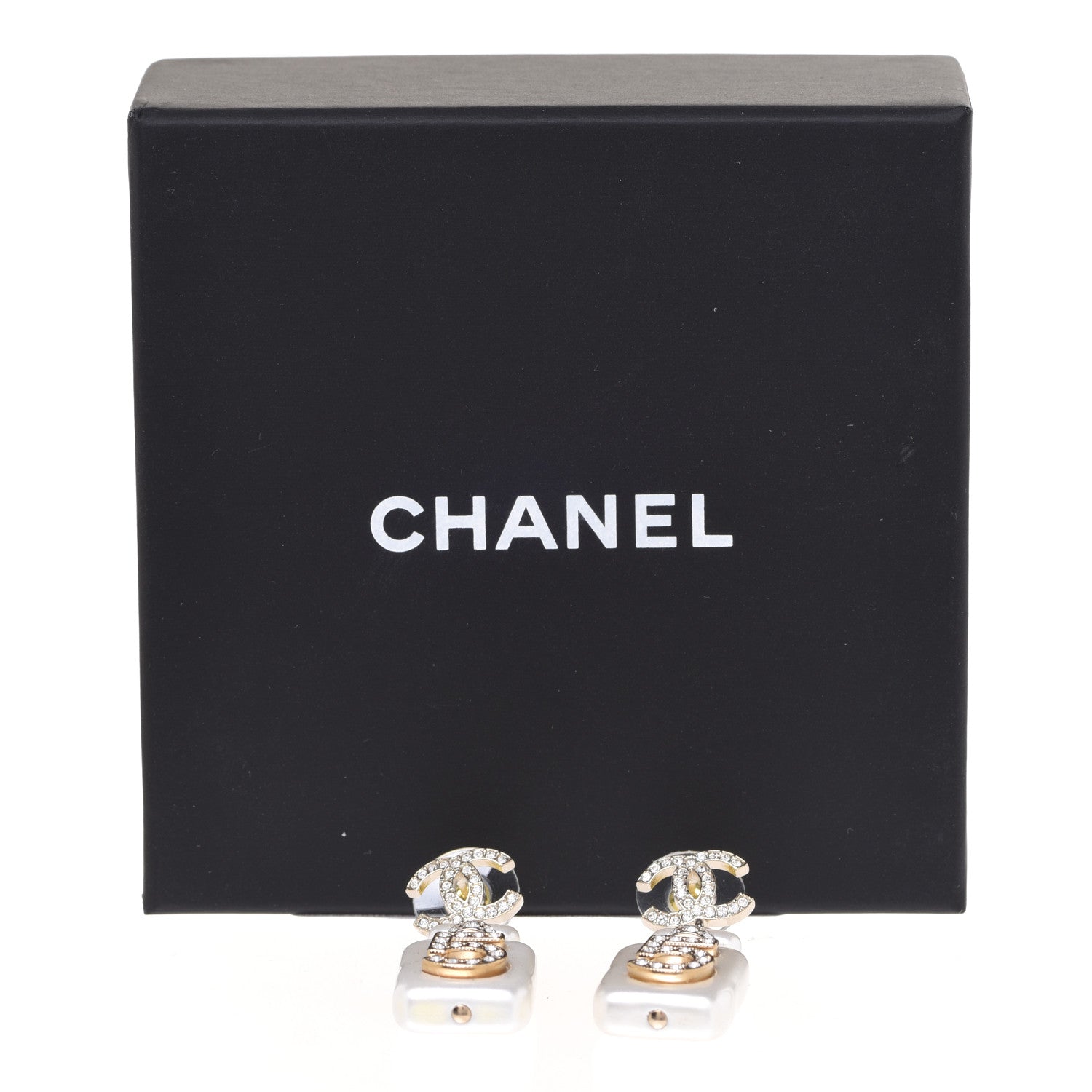 Chanel Pearl Resin Crystal CC No 5 Perfume Bottle Drop Earrings Gold Pearly White 5 of 5