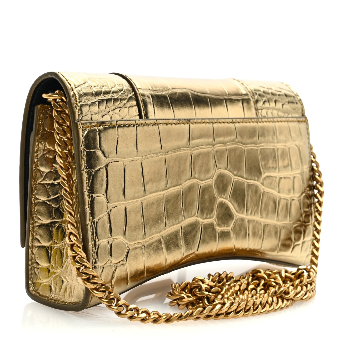 Metallic Calfskin Crocodile Embossed Hourglass Chain Bag Gold