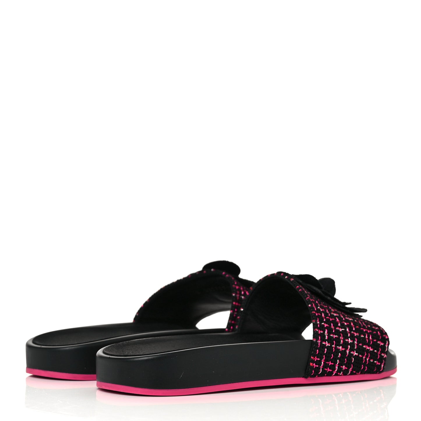 Tweed Camellia Flat Slide Sandals 39 Black