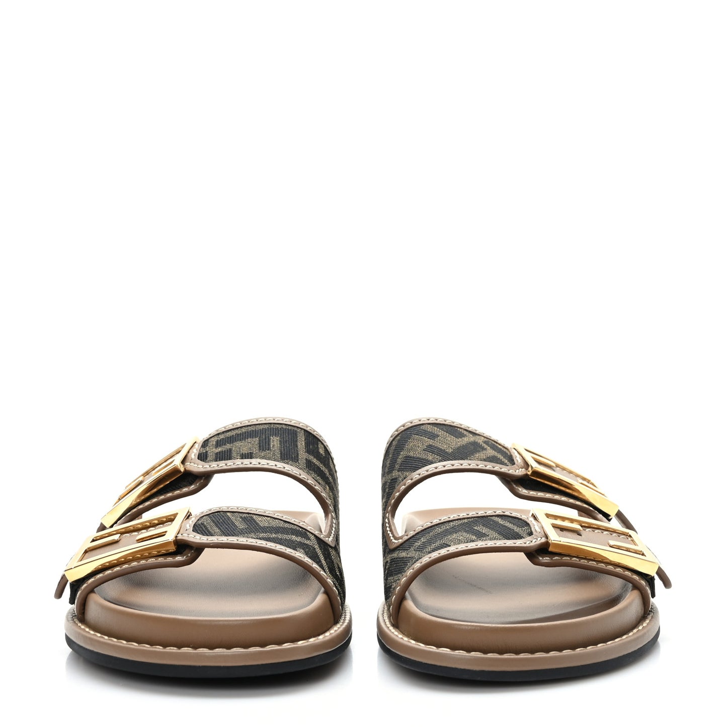 Fabric Jacquard Nappa FF Womens Fendi Feel Buckled Slide Sandals 38 Tobacco Black Miele Scuro