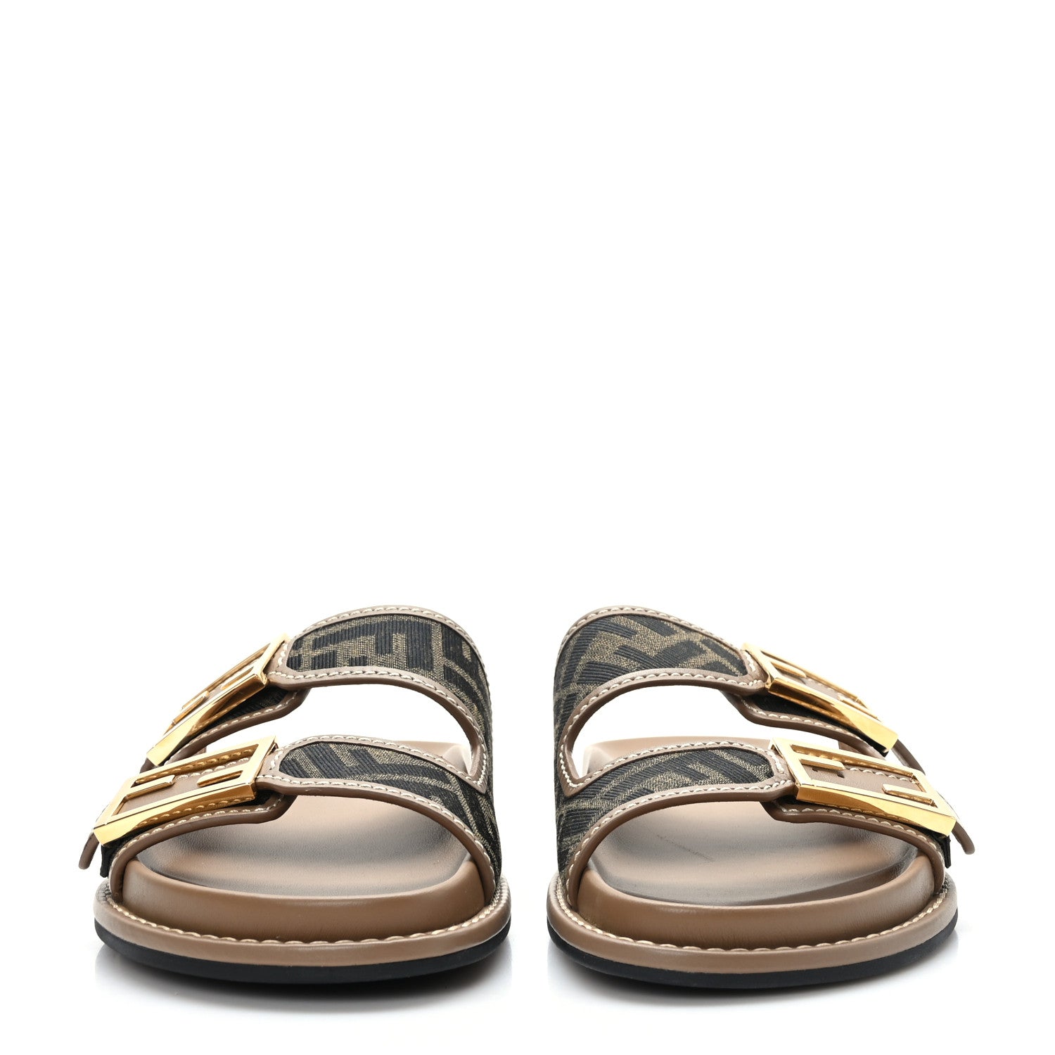 Fendi Fabric Jacquard Nappa FF Womens Fendi Feel Buckled Slide Sandals 38 Tobacco Black Miele Scuro 2 of 7