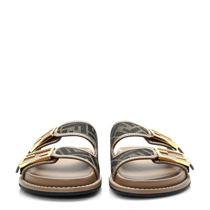 Fendi Fabric Jacquard Nappa FF Womens Fendi Feel Buckled Slide Sandals 38 Tobacco Black Miele Scuro 2 of 7