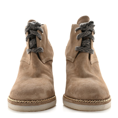 Chanel Suede Calfskin Lace Up Wedge Booties 40.5 Beige 2 of 9