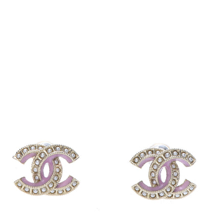 Chanel Metal Pearl Enamel CC Earrings Gold Pink 1 of 4
