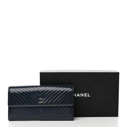 Chanel Patent Chevron Quilted Large Gusset Flap Wallet Navy 10 of 10