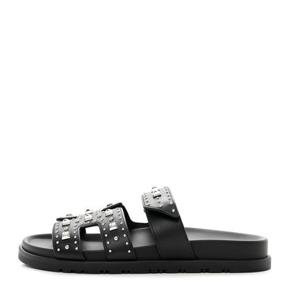 Hermes Calfskin Studded Womens Chypre Sandals 37 Black 1 of 9