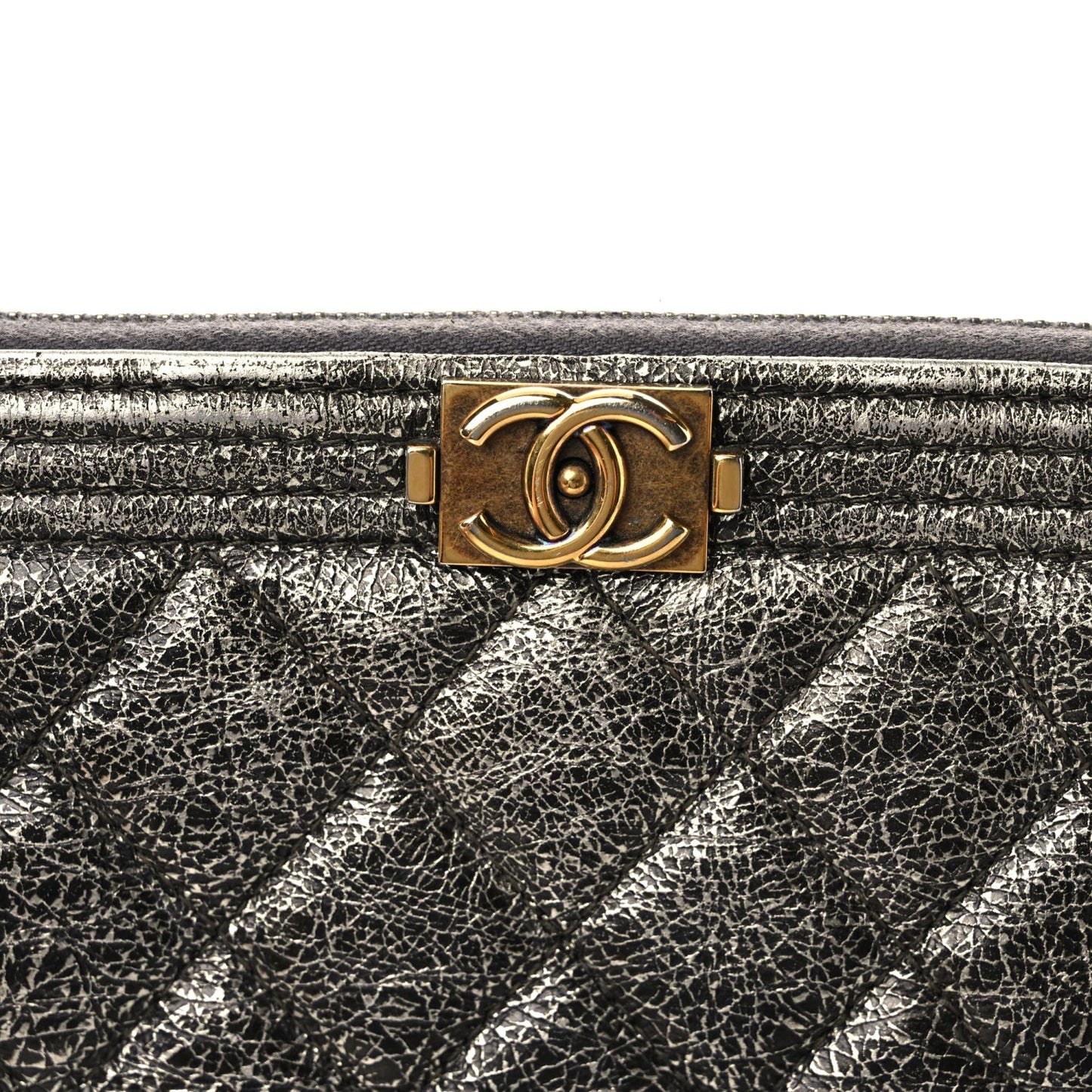 Cracked Metallic Calfskin Quilted Large Boy Cosmetic Case Silver
