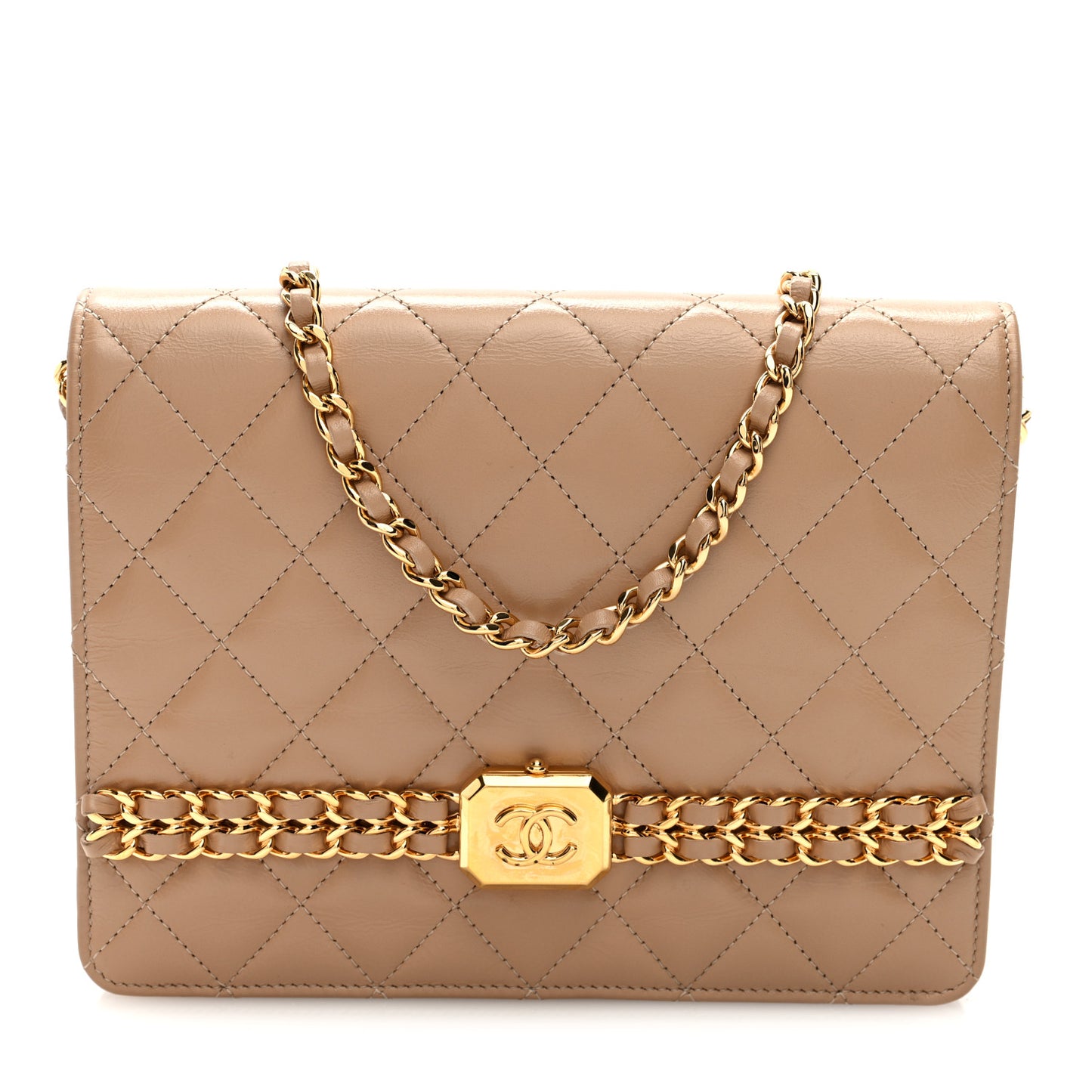Shiny Aged Calfskin Quilted Clutch With Chain Dark Beige