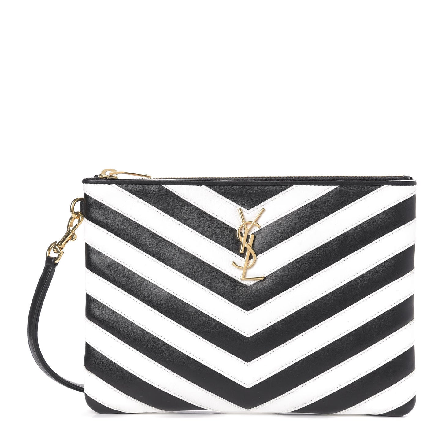 Calfskin Matelasse Chevron Monogram A5 Wristlet Black White