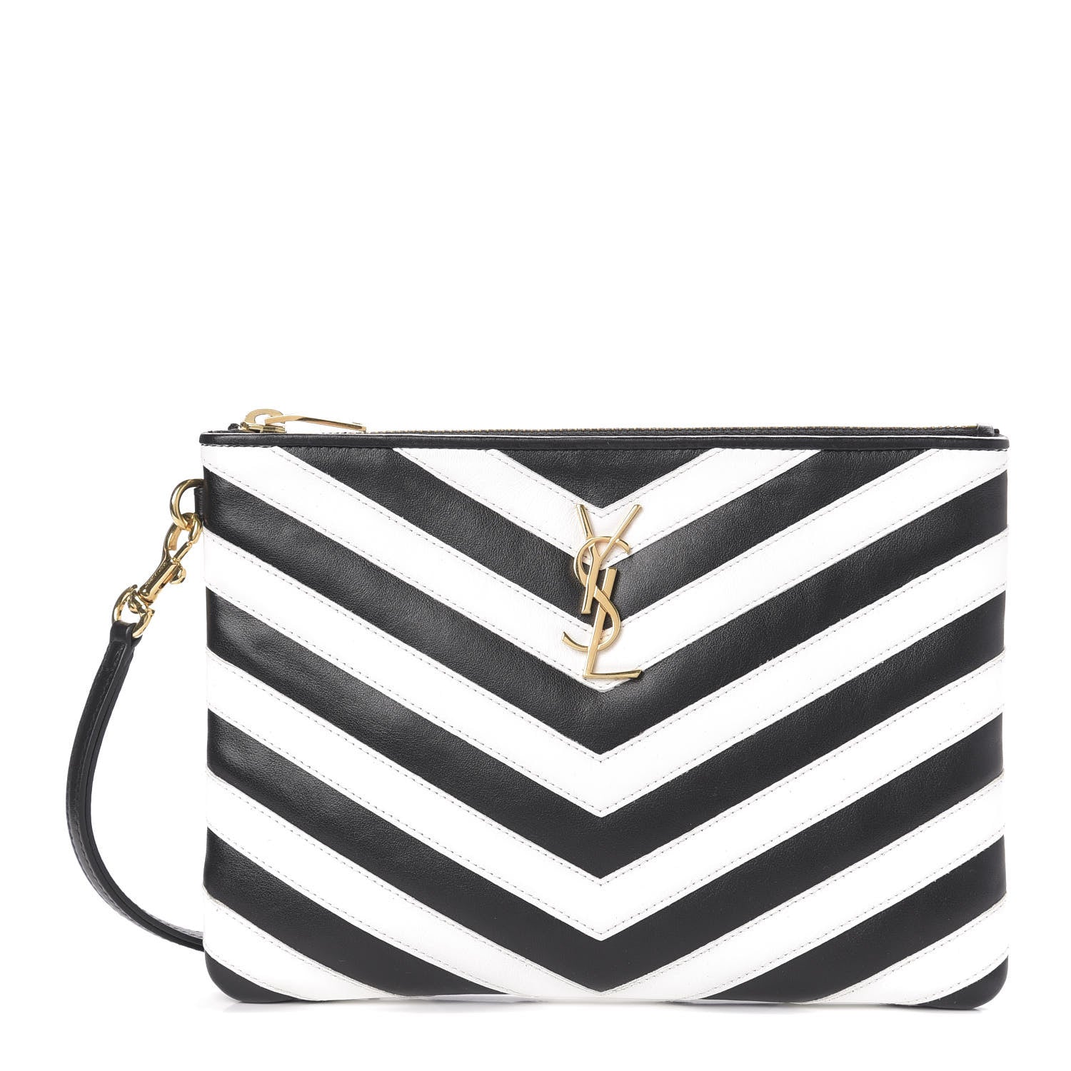 Saint Laurent Calfskin Matelasse Chevron Monogram A5 Wristlet Black White 1 of 8