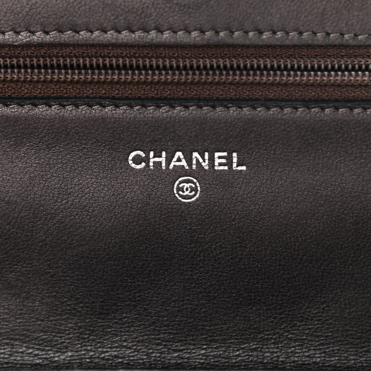 Metallic Lambskin Quilted Wallet On Chain WOC Dark Grey