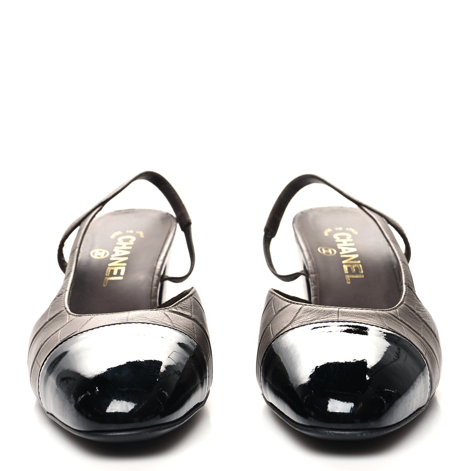 Chanel Calfskin Crocodile Embossed Patent Cap Toe CC Slingback Pumps 39.5 Chocolate Black 2 of 8