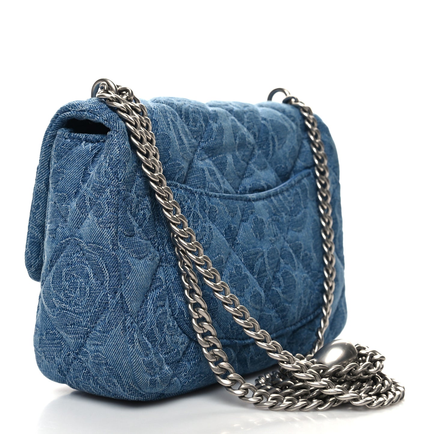 Denim Quilted Camellia Sweetheart Mini Flap Blue
