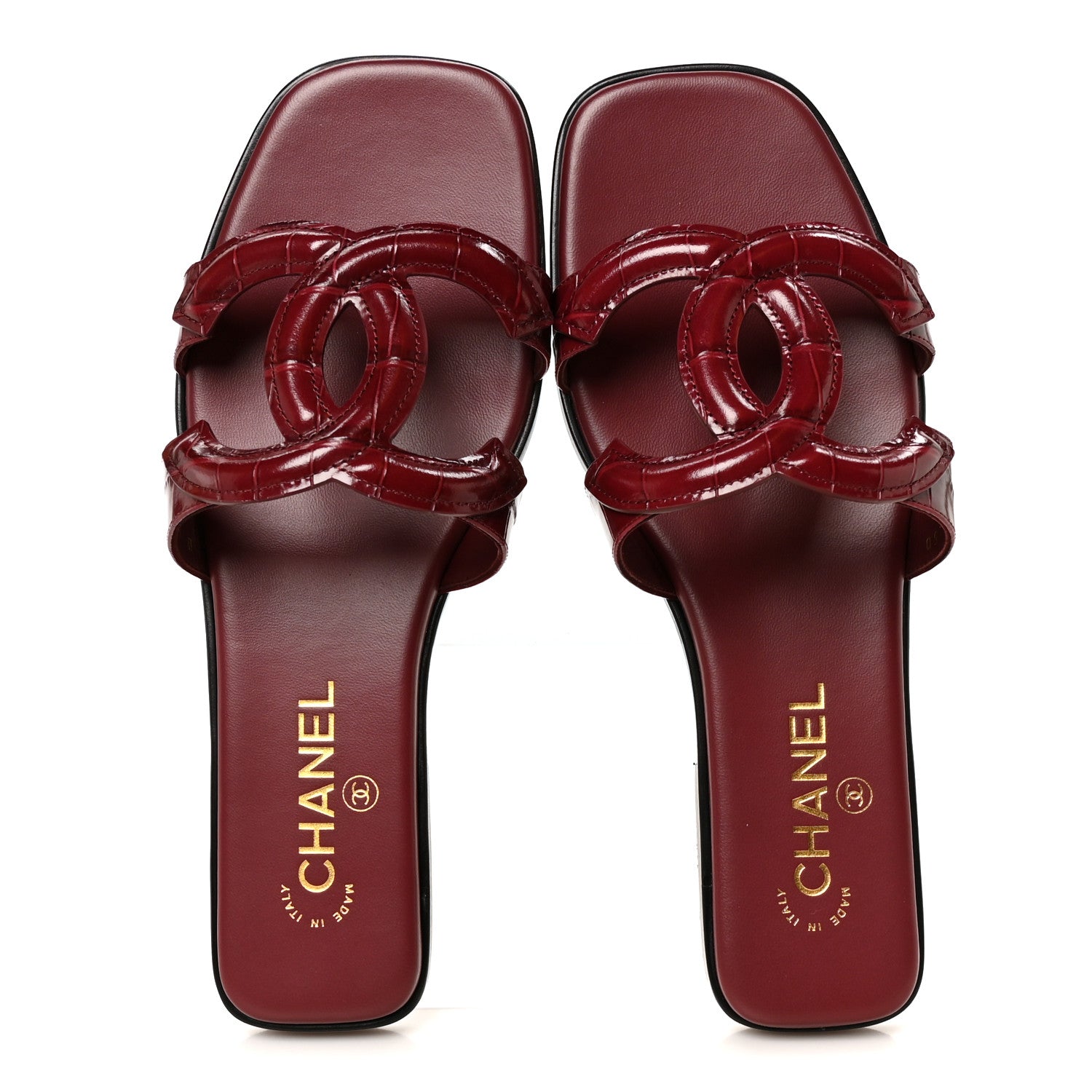 Chanel Crocodile Embossed Patent Calfskin CC Mules Sandals 39.5 Burgundy 2 of 10