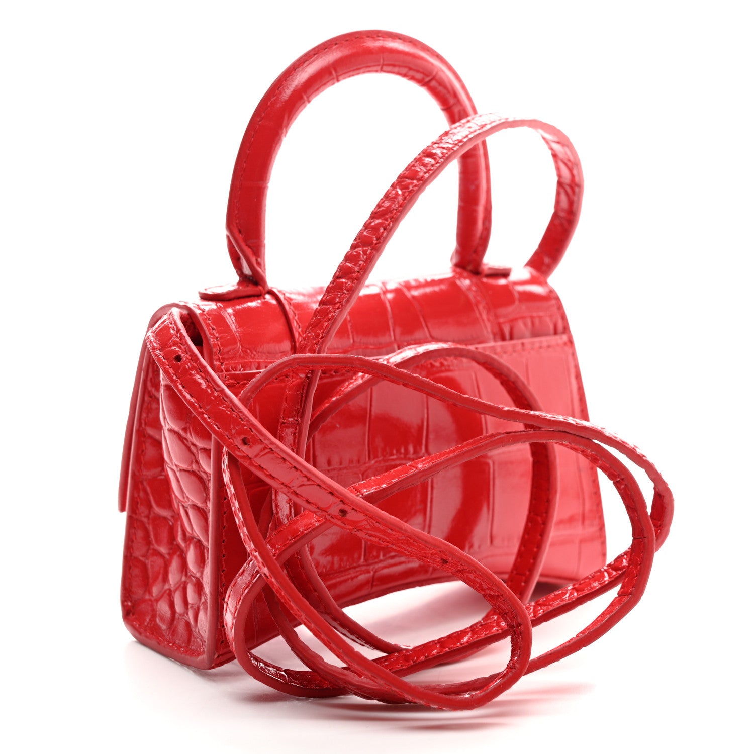 Balenciaga Shiny Calfskin Tonal B Crocodile Embossed Hourglass Top Handle Bag Mini Bright Red 3 of 10