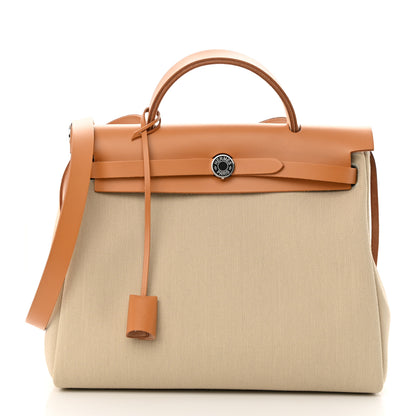 Hermes Military Toile Vache Hunter Horseshoe Herbag Zip Retourne 31 PM Beton Naturel 3 of 13