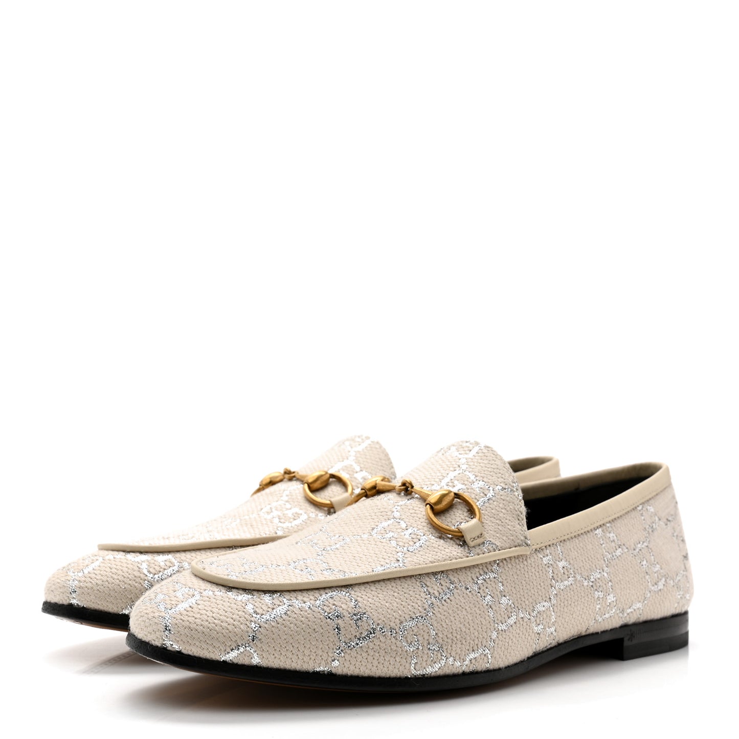 Canvas GG Monogram Horsebit Womens Jordaan Loafers 36 Gardenia Silver