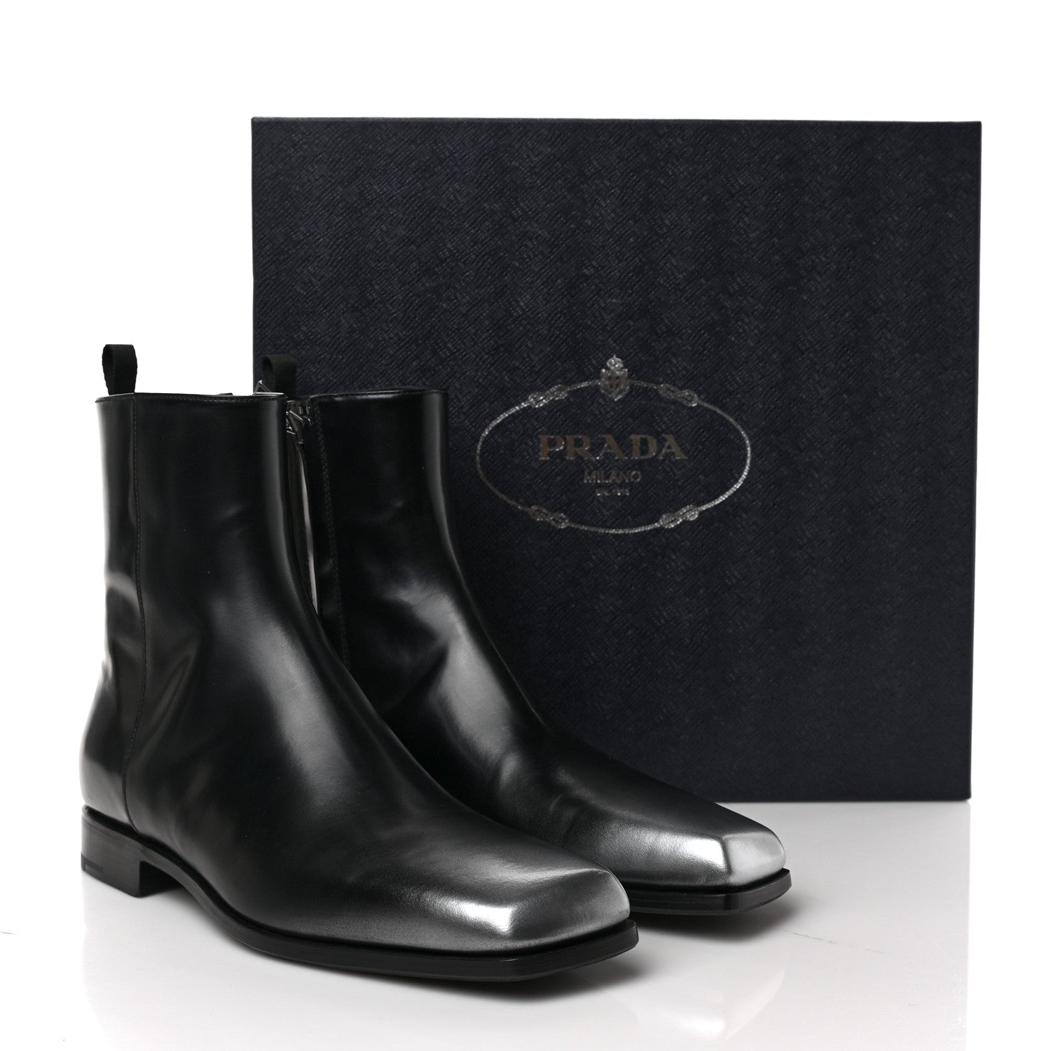 Prada Spazzolato Sfumato Mens Square Toe Ankle Boots 8 Black Argento 9 of 9