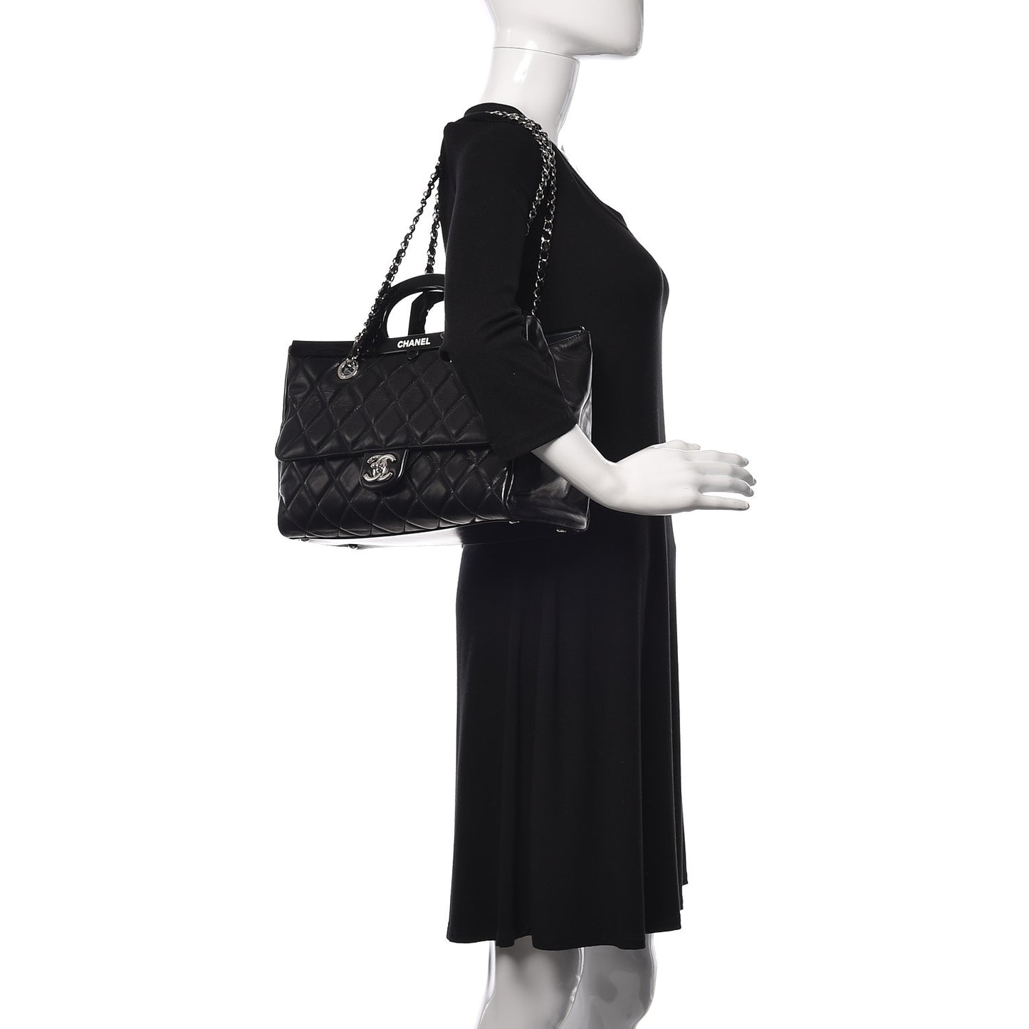 Glazed Calfskin Quilted Small CC Delivery Tote Black