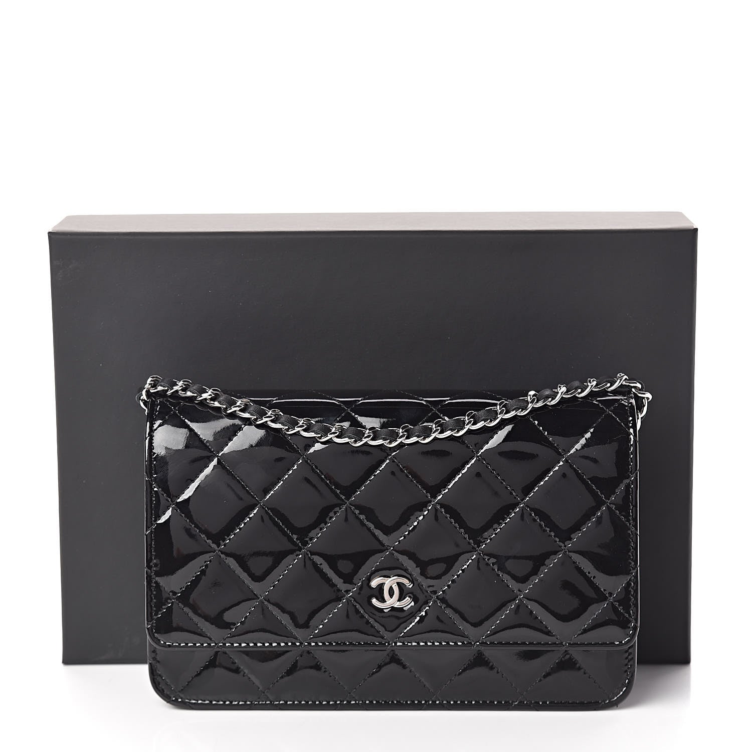 Chanel Patent Quilted Wallet On Chain WOC Black 12 of 12