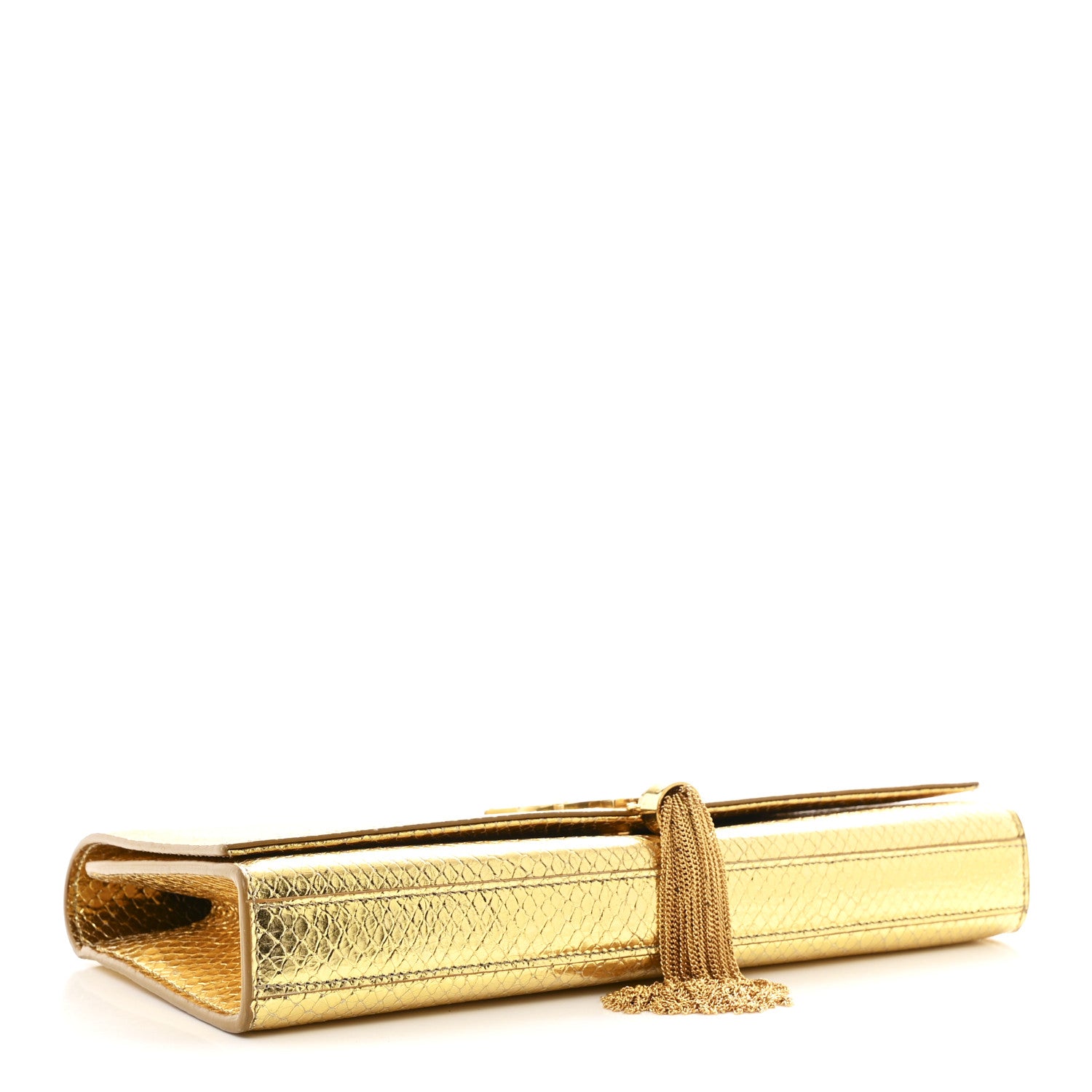 Saint Laurent Metallic Calfskin Snakeskin Embossed Classic Monogram Tassel Clutch Gold 4 of 7