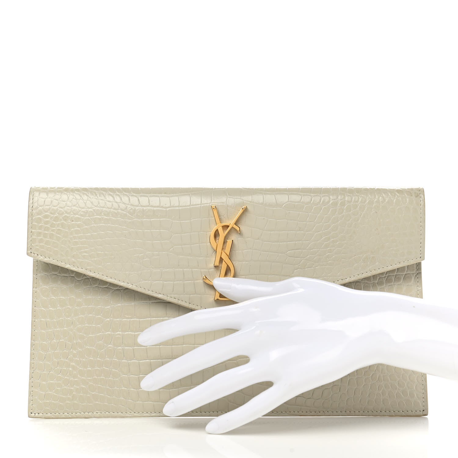 Saint Laurent Calfskin Crocodile Embossed Uptown Monogram Pouch Crema Soft 2 of 8