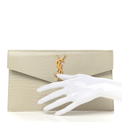 Saint Laurent Calfskin Crocodile Embossed Uptown Monogram Pouch Crema Soft 2 of 8