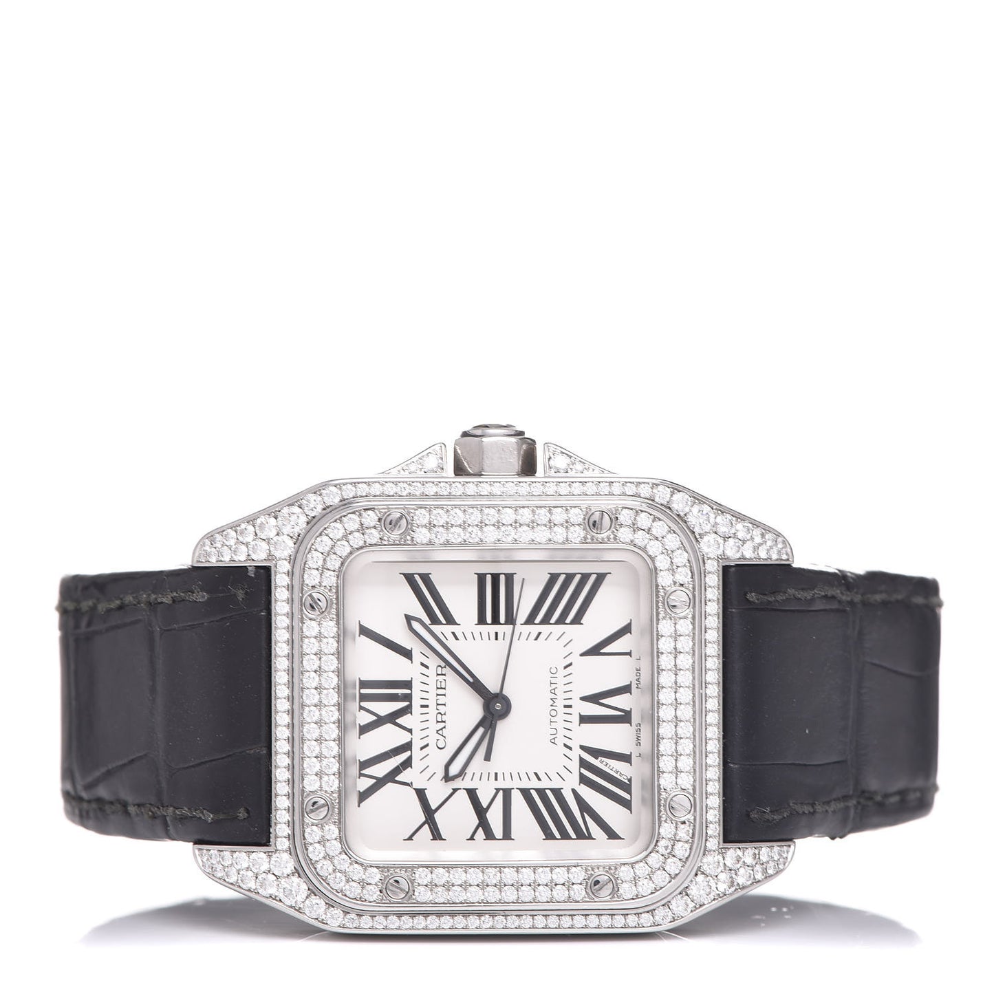 Stainless Steel Alligator Diamond Pave Bezel 33mm Santos 100 Automatic Watch