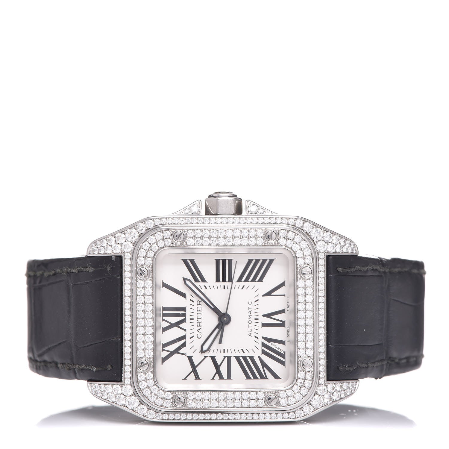 Cartier Stainless Steel Alligator Diamond Pave Bezel 33mm Santos 100 Automatic Watch 3 of 9