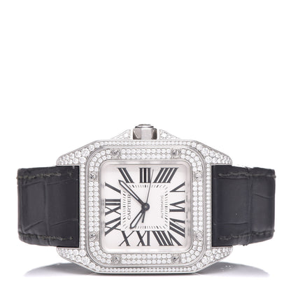 Cartier Stainless Steel Alligator Diamond Pave Bezel 33mm Santos 100 Automatic Watch 3 of 9