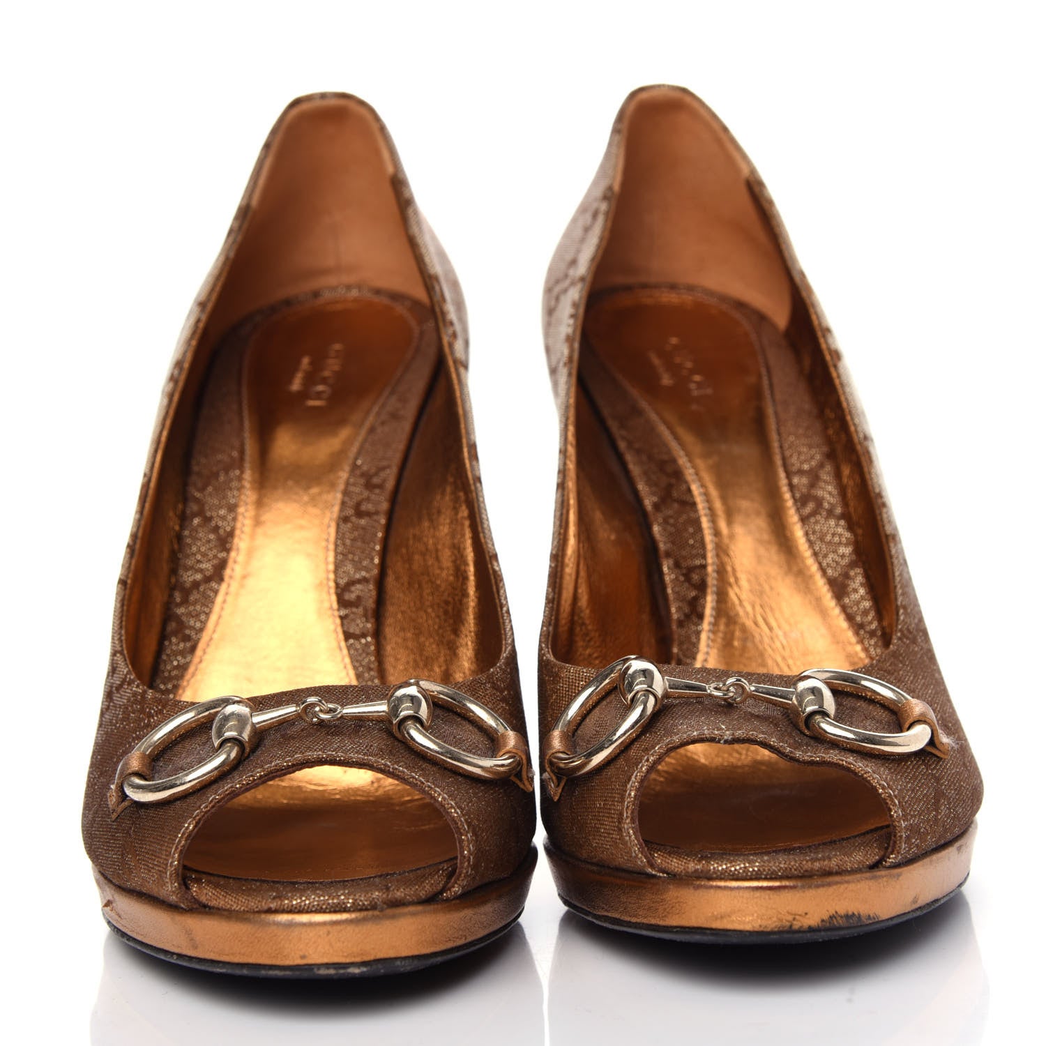 Gucci Metallic Monogram GG Horsebit Peep Toe Pumps 40 Brown 2 of 10