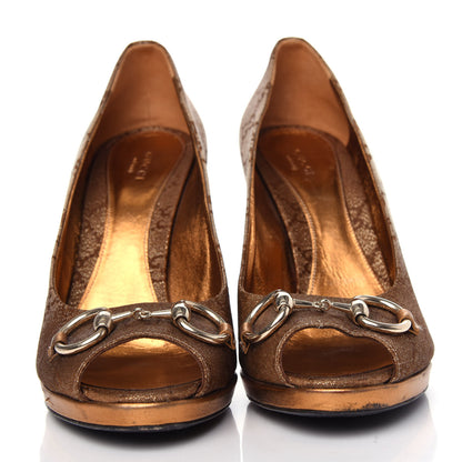 Gucci Metallic Monogram GG Horsebit Peep Toe Pumps 40 Brown 2 of 10