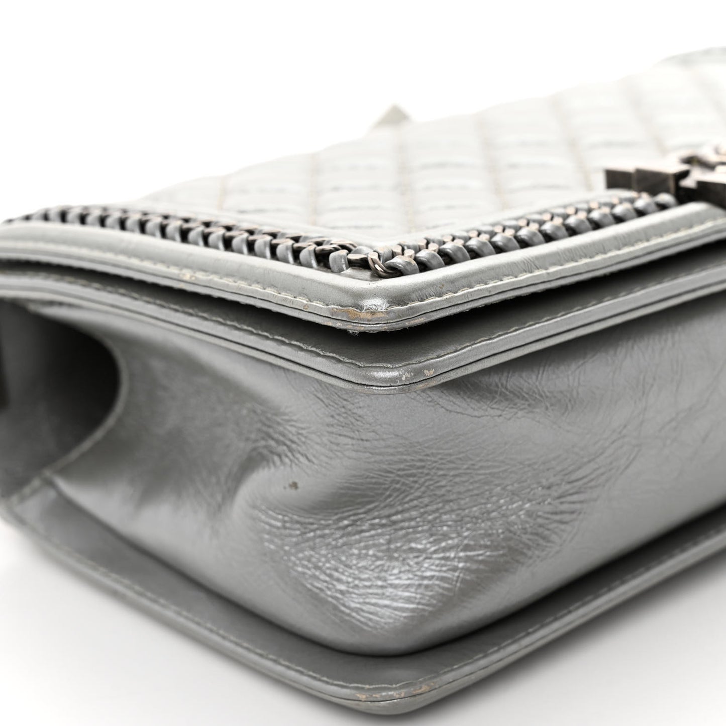 Metallic Aged Calfskin Quilted Medium Top Handle Boy Flap Silver