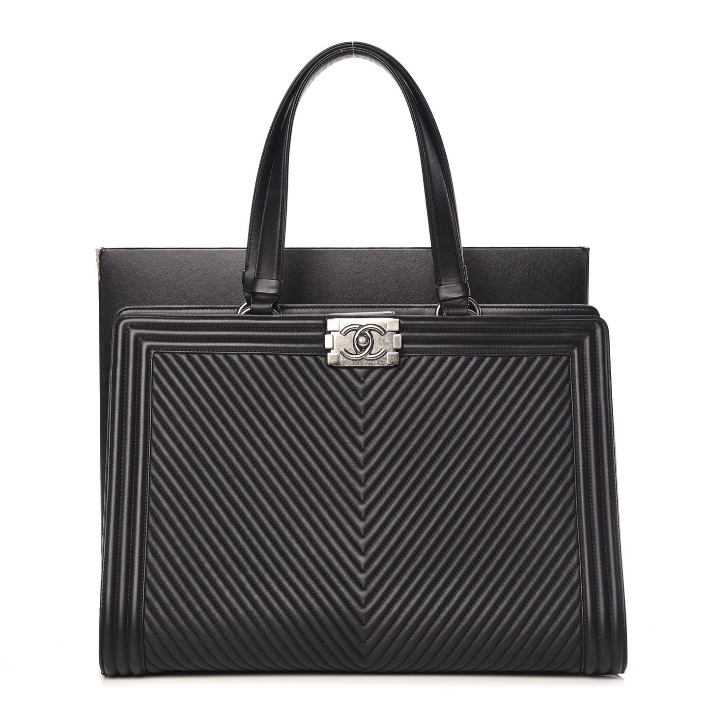 Calfskin Chevron Quilted Boy Shopping Tote Black