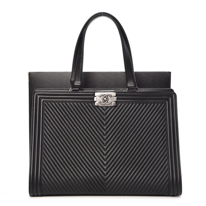 Chanel Calfskin Chevron Quilted Boy Shopping Tote Black 10 of 10