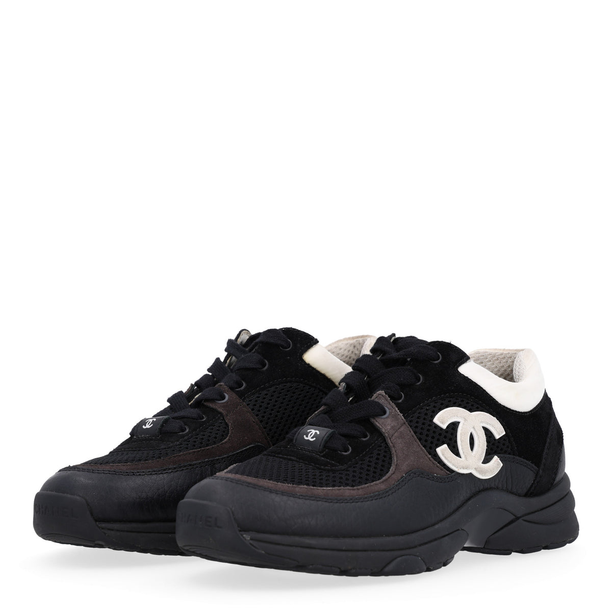 Mesh Suede Grained Calfskin Womens CC Sneakers 36 Black White