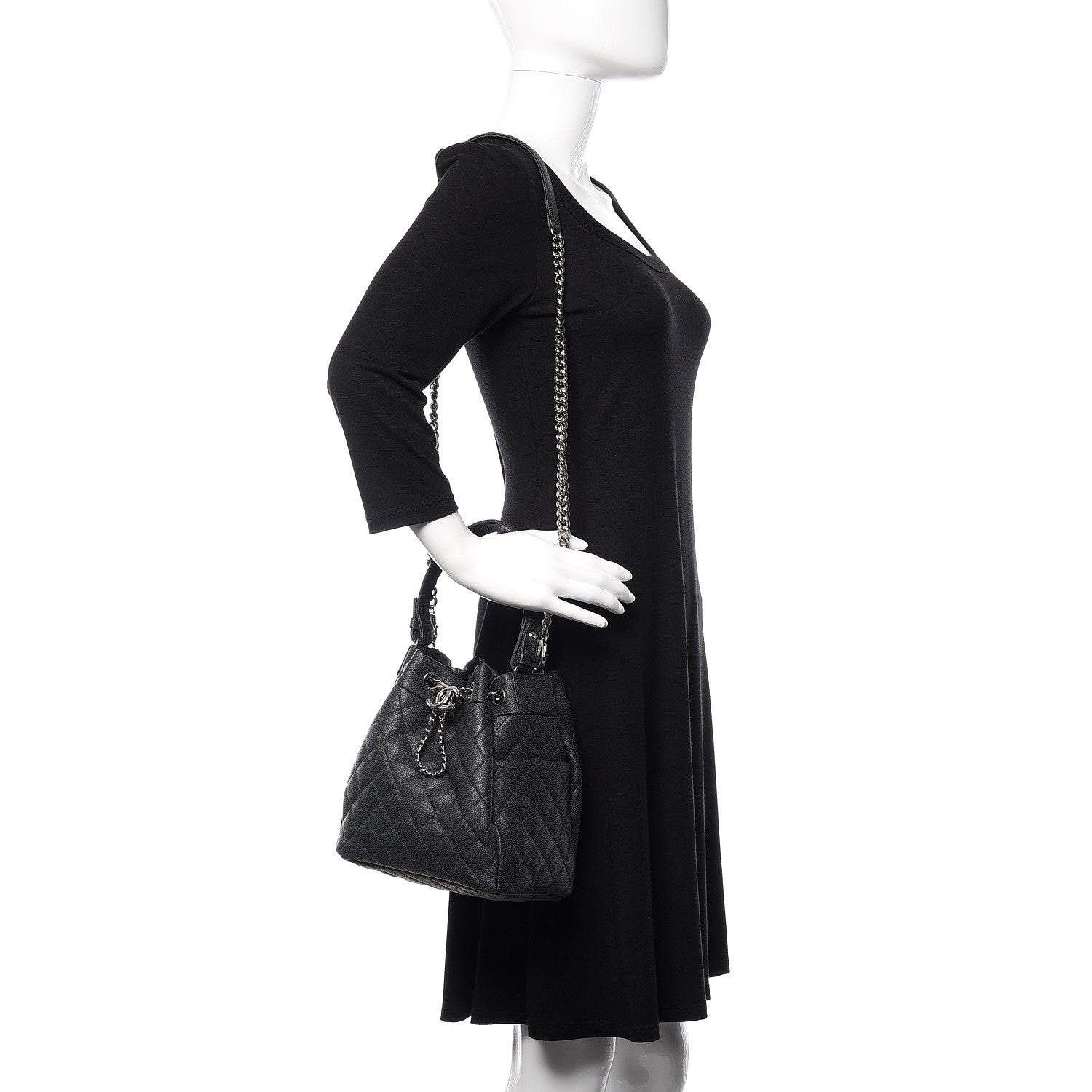 Chanel Caviar Flat Quilted CC Chain Bucket Drawstring Bag Black 2 of 10