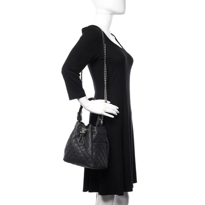 Chanel Caviar Flat Quilted CC Chain Bucket Drawstring Bag Black 2 of 10