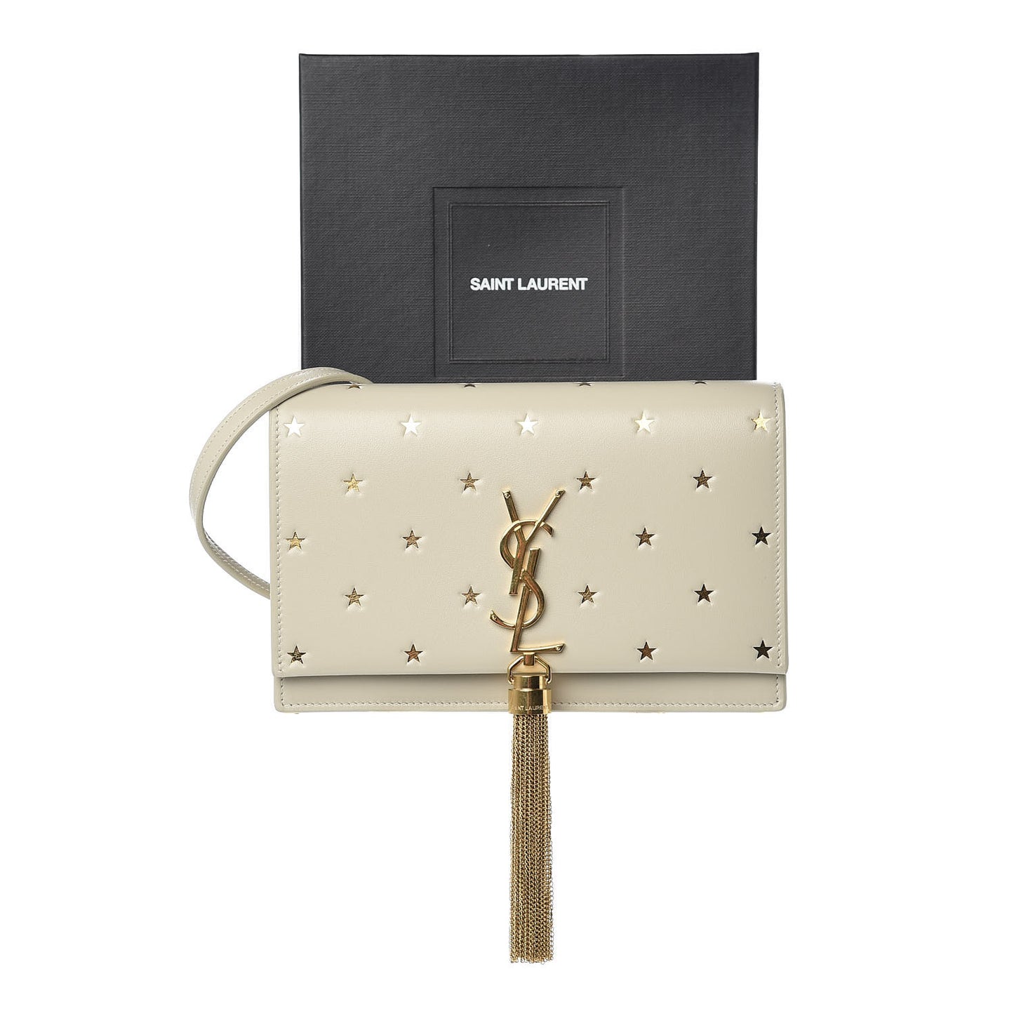Calfskin Star Print Monogram Kate Tassel Chain Wallet White Gold