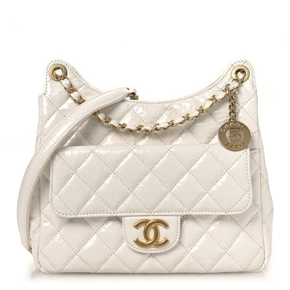 Chanel Shiny Crumpled Calfskin Quilted Wavy CC Hobo  White 1 of 13